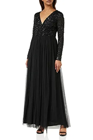 Maya Deluxe Womens Ladies Dress Sleeve for Wedding Guest V Neck High Empire Waist Maxi Long Length Evening Bridesmaid Prom Vestiti, Black, 52 da Donna