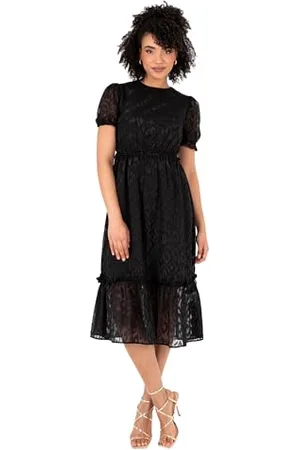 Lovedrobe Abito Midi da Donna, Scollo Rotondo, Maniche Corte a Sbuffo, Orlo a Balze, Stampa Animalier, Linea ad A, Occasioni Casual Vestito, , 40