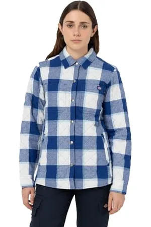 Dickies W FLEECE HOODED FLANNEL SHIRT JKT, Shirt Donna, (Surf Blue Campside Plaid), L