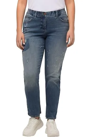Ulla Popken Jeans Boyfriend, Effetto Destroy, Gamba Larga, Elasticizzati, Blu Denim, 48 Donna