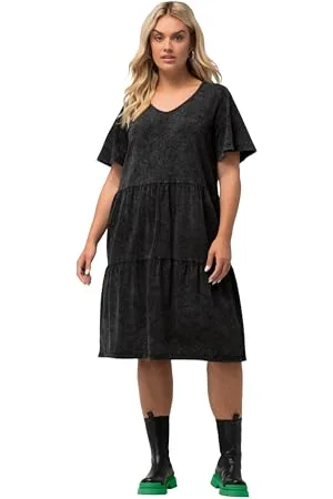 Ulla Popken Abito in Jersey, Effetto Jeans, Linea A, Scollo a V, Mezza Manica Vestito, , 52-54 Donna