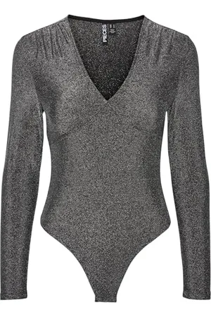 Pieces® Pcsandra Bodystocking Body, Nero/Dettaglio: Argento Lurex, S Donna