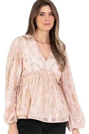 Lovedrobe Donna Peplum Top Manica Lunga V-Neckline Gold Foiled Floral Jacquard Gathered Waist Ruffle Frill Blusa Camicia, , 48