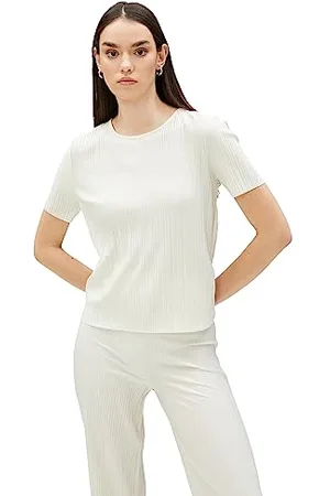 Koton Pleated Crew Neck Short Sleeve T-Shirt, (055), S Donna