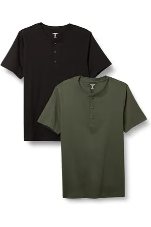 Amazon Maglietta Serafino A Maniche Corte in Cotone vestibilità Slim-Fit Uomo, Pacco da 2, , L