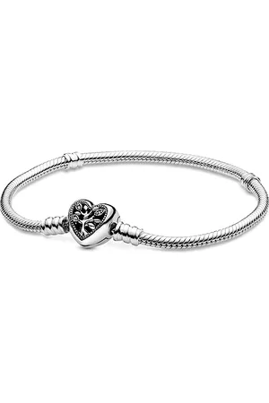 PANDORA Braccialetto con albero e scritta Family in maglia snake e chiusura a forma di cuore, 16