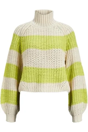 JJXX Jxkelvy-Maglia a Righe Spesse con Collo Alto Maglione Lavorato, Bianco Osso/Strisce: Limeade, M Donna