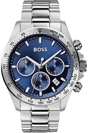 HUGO BOSS Orologio Cronografo da Uomo 43mm Quarzo Collezione HERO con Bracciale in Acciaio Inossidabile Argentato, Cadran Blu, Funzione Data, 3 Sottocornici, Resistente all