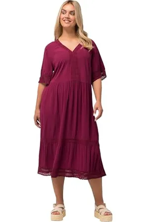 Ulla Popken Abito a Tunica Midi in Pizzo, Linea A, Scollo a V, Mezza Manica Vestito, Rosso Magnolia, 60-62 Donna