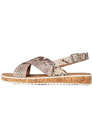 FIND FIND Crossover Cork Sole Leather - Sandali con zeppa Donna, Beige (Snake Print Snake Print), 36 EU
