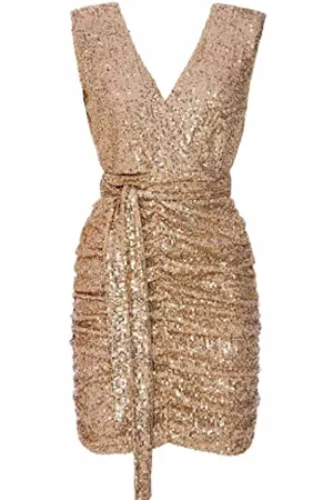 Swing Sparkle | Mini Donna Elegante Festivo Festa Sera | Abiti da Sposa | Vestito con Paillettes Corto | Abito Glitterato | Senza Maniche | Oro | 38 (M), M