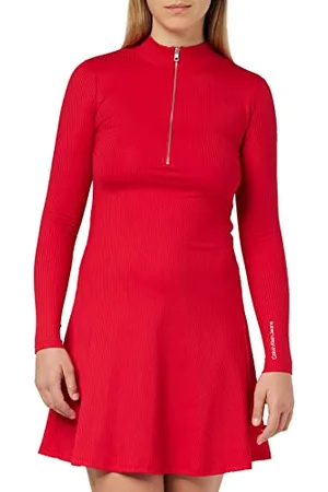 Calvin Klein Jeans Zipper A-Line Rib Dress J20J219865 Vestiti Aderenti e Svasati, (Candy Apple), S Donna