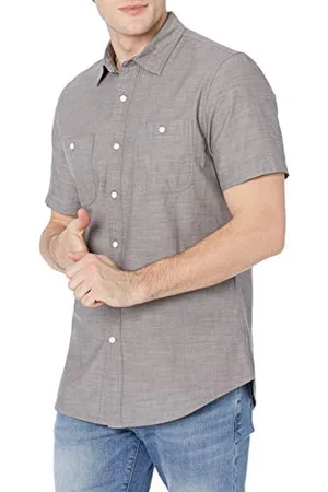 Amazon Camicia in Chambray a Manica Corta vestibilità Regular Uomo, , M