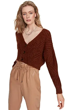 Trendyol Cardigan Donna Regolare Standard Scollo A V Maglieria Maglione, Piastrelle Rosse