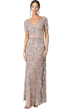 Maya Deluxe Maxi Abito da Donna con Paillettes, a Maniche Lunghe, Scollo a V, Vita Alta Impero e Taglio Lucido Vestito per Damigella d?Onore, , 38 EU