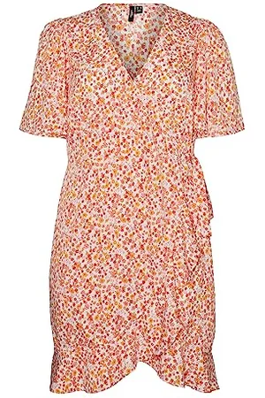 VERO MODA Vmemma Henna SS Short Wrap Dress Cur Vestito, Betulla/AOP: Caro Flower, 52 IT Donna