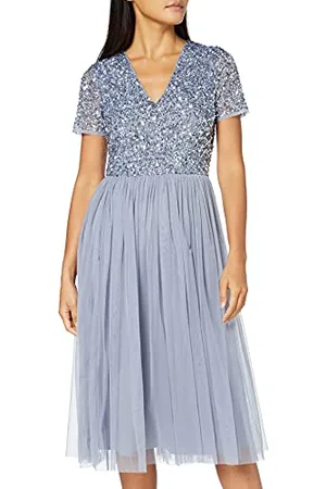 Maya Deluxe Abito da Sera Midi Impreziosito per Le Donne Scollo a V delle Signore con Manica Corta per Il Matrimonio di Promenade Vestito per Damigella d’Onore, Blu Polvere, 54 Donna