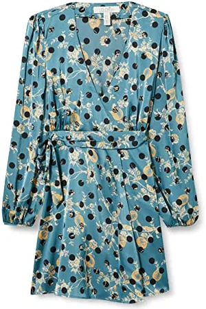 Liquorish Mini Abito a Portafoglio con Stampa Floreale e Nero a Pois con Maniche Lunghe in Blu Petrolio Vestito da Cocktail, , 40 Donna