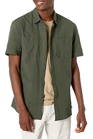 Amazon Camicia in Chambray a Manica Corta vestibilità Regular Uomo, , M