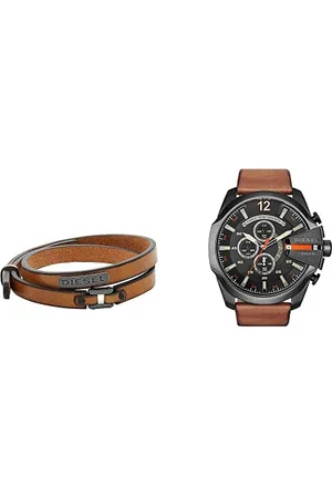 Diesel Uomo Cinturino In Pelle con Chiusura Pieghevole + Uomo Mega Chief Chronograph, Cassa da 51 mm, Orologio in Acciaio Inossidabile