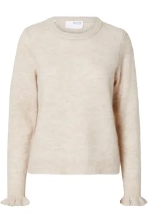 SELECTED Slflulu LS Knit Frill Cuff O-Neck Noos Maglione Lavorato a Maglia, Betulla/Dettaglio: Melange, L Donna