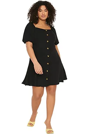 Trendyol Women Plus Size Mini A-Line Fitted Woven Plus Size Dress, Donna Taglie Forti Mini Abito Taglie Forti Aderente in Tessuto Donna, Black