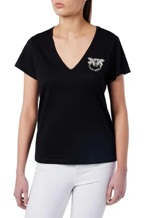 Pinko TURBATO T-Shirt Scollo V Jersey Logo Birds Ricamo + Borchie, , XXL Donna