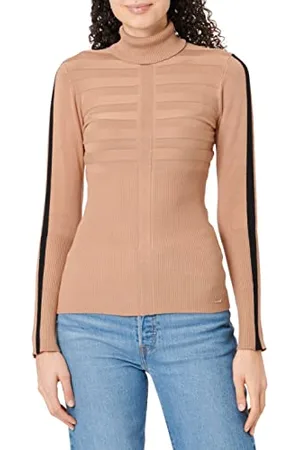 Morgan Pull col roulé Bande Couleur Manche MENTOI Pullover Sweater, (Camel/Noir Camel/Noir), X-Small (Taglia Produttore: TXS) Women