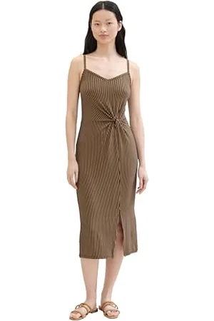 TOM TAILOR 1042012 Abito Midi Basic con Motivo Allover, 35365-Strisce Nere Beige, M Donna