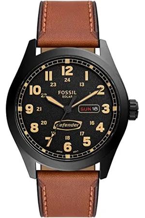 Fossil Orologio Defender da uomo, movimento solare, cassa in acciaio inossidabile nera da 46 mm con cinturino in pelle, FS5978