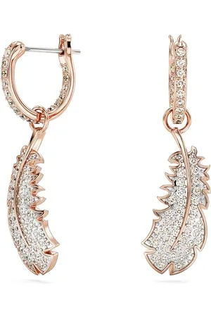 Swarovski Nice Orecchini Pendenti, con Motivo a Piuma, Pavé di Cristalli , Placcatura in Tonalità Oro Rosa, Bianco