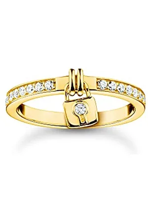 Thomas Sabo Anello da donna a fascia con pendente serratura mobile in argento sterling 925 placcato giallo 750 zirconi bianchi, misura: 54, TR2371-414-14-54