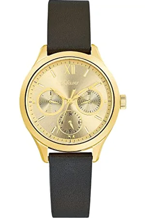 QS by s.Oliver Orologio da polso da Donna al quarzo Analogico, con Cinturino in pelle, oro, impermeabile a 5 bar, multifunzione, fornito in confezione regalo