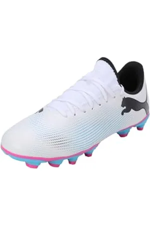 PUMA Future 7 Play FG/AG Jr, Soccer Shoe Unisex-Bambini, White Black-Poison Pink, 28 EU