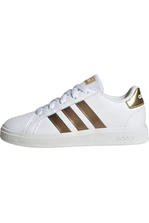 adidas Grand Court Sustainable Lace Shoes, Sneaker, Cloud White/Cloud White/Matte Gold, 32 EU