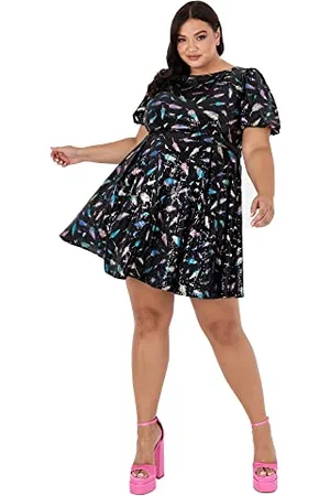 Lovedrobe Ladies Plus Size Mini Dress for Women Sequins Back Keyhole with Crew Neck Puffed Short Sleeve Curve High Waist Black Vestito da Cocktail, 20 Donna
