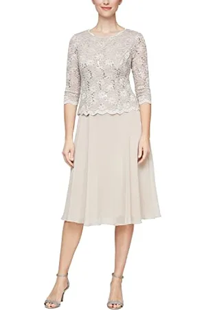 Alex Evenings Alex Abito, Lunghezza tè (Delicato e Normale) Vestito per Occasioni Speciali, Paillettes Tortora, 50 IT/Petite Donna