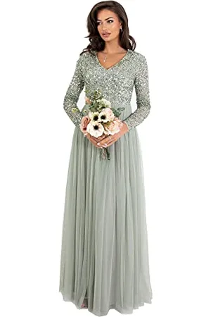 Maya Deluxe Womens Ladies Dress Sleeve for Wedding Guest V Neck High Empire Waist Maxi Long Length Evening Bridesmaid Prom Vestiti, Giglio Verde, 42 Donna