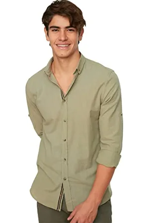 Trendyol Kaki Apolfent-Camicia da Uomo con Bottoni a Pressione, vestibilità Slim Fit Maglia, , S