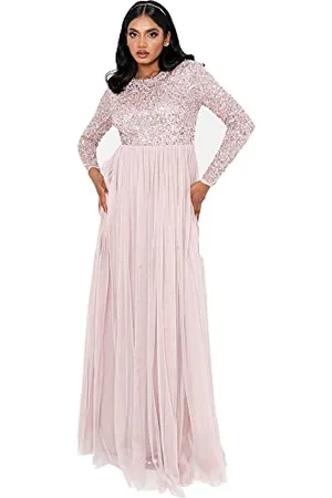 Maya Deluxe Abito da Donna per Ospiti di Nozze, Taglie Forti, Stile Impero, Vita Alta, Paillettes a Maniche Lunghe, Damigella d