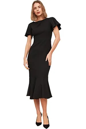 Trendyol Regular Fit Woven Dress Women Basics Midi Wrapover Abito in Tessuto dalla vestibilità Regolare, Black, 72 Donna