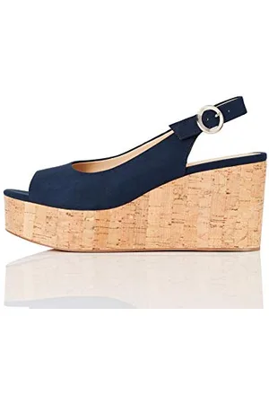 FIND FIND Cork Peep Toe Sling Back Wedge - Scarpe col tacco punta aperta Donna, Blu (Navy), 41 EU