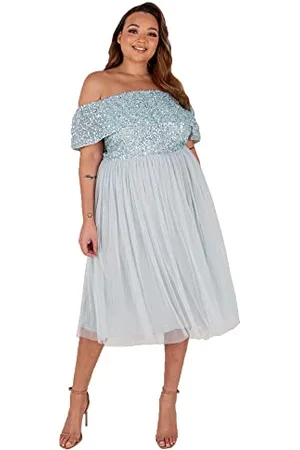 Maya Deluxe Abito da Donna Bardot, Midi a Vita Alta Impero con Paillettes, Impreziosito da Serate Formali per Ospiti di Nozze Vestito per Damigella d’Onore, Blu Ghiaccio, 54
