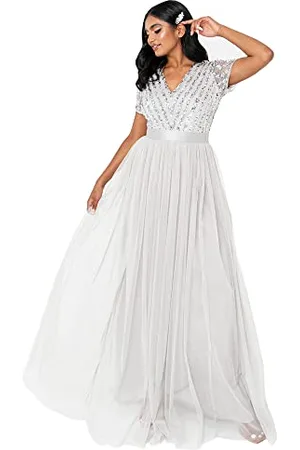 Maya Deluxe Maxi Dress for Women Ladies Bridesmaid V-Neck Ball Gown Short Sleeves Long Elegant Empire Waist Wedding Vestito, Grigio Chiaro, 56 Donna
