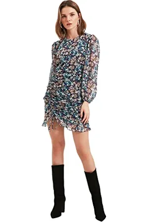 Trendyol Vestito Dettagliato con Stampa Petite Multicolore Casual, 42 IT Donna