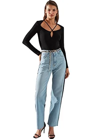 Trendyol Woman Regular Bodycon Scoop Neck Woven Bodysuit Camicia, Black, 36 Donna