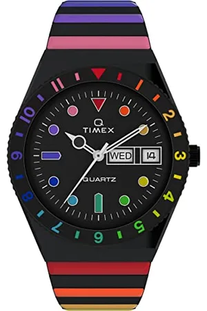 Timex Orologio da donna Q da 36 mm, cinturino elastico in acciaio inox , quadrante , cassa nera TW2V65900