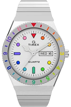 Timex Orologio da donna Q da 36 mm, cinturino elastico in acciaio inox, quadrante argentato, cassa argentata TW2V66000