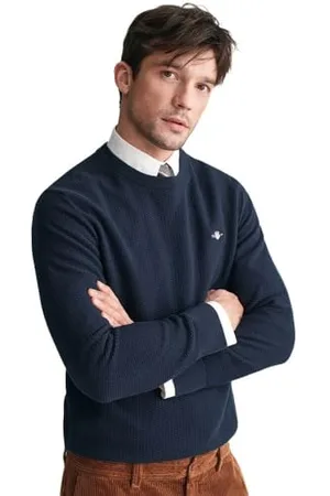 GANT Cotton Micro Textured C-Neck Maglione, Blu-Evening Blue, M Uomo