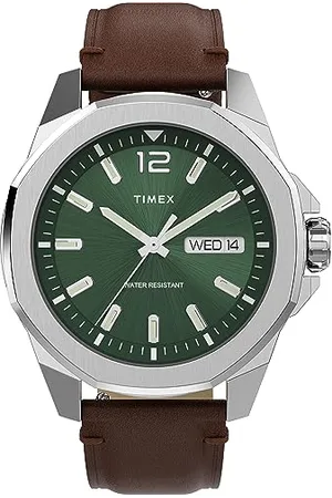 Timex Orologio da uomo Trend da 46 mm, cinturino in pelle a sgancio rapido in due pezzi, quadrante verde, cassa argentata TW2W14000